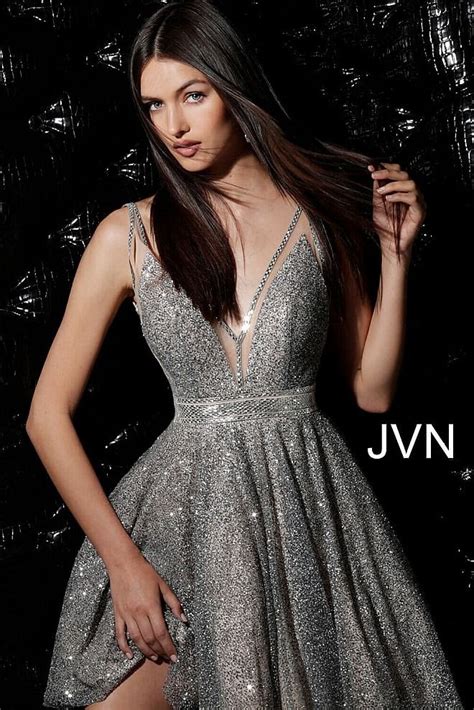 Cocktail Dress Silver Nude Fit And Flare Glitter Homecoming Dress JVN62516 Jovani Dresses