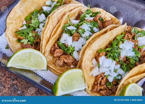 Three Authentic Mexican Taco Steak With Onions Cilantro And Lime