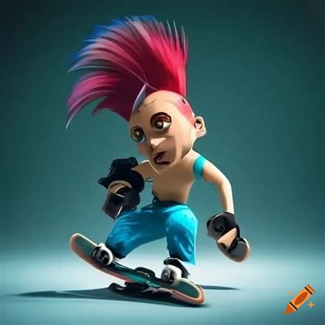 Skateboarder with a mohawk hairstyle on Craiyon