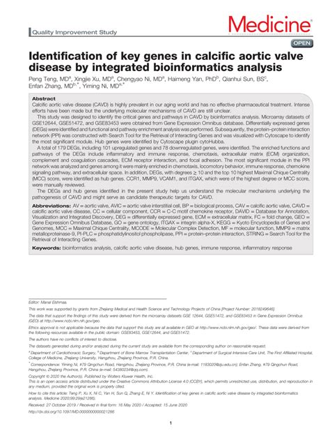 Pdf Identification Of Key Genes In Calcific Aortic Valve Disease By