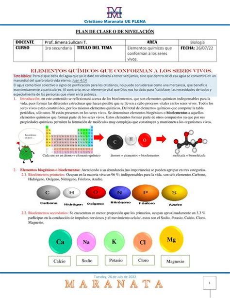 Elementos químicos que conforman a los seres vivos Clases Linea uDocz