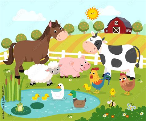 Vector illustration cartoon of happy farm animals. Stock Vector | Adobe Stock