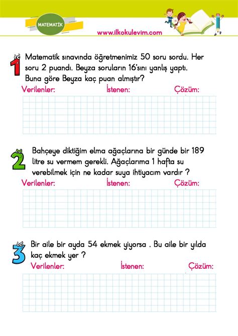 3 Sınıf Matematik Çarpma Problemleri ONLİNE ve PDF İlkokul Evim