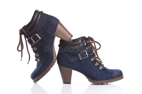 Navy Blue Ankle Boots With Chunky Heels Stock Photo Image Of Lace