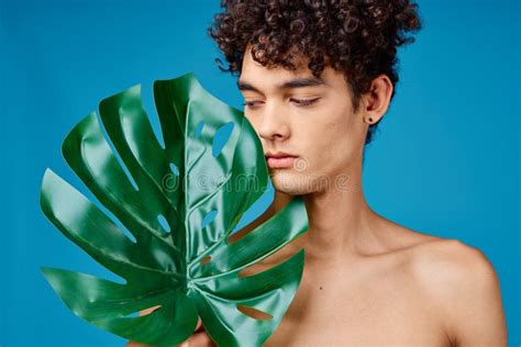 Handsome Man Naked Shoulders Green Leaf Clear Skin Blue Background Stock Photo Image Of