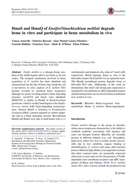 Hmus And Hmuq Of Ensifer Sinorhizobium Meliloti Degrade Heme In Vitro