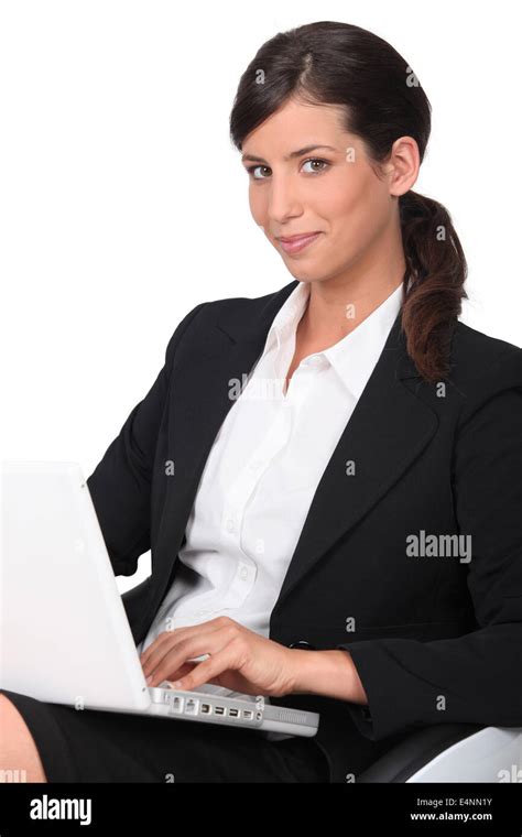 Brunette Woman With Computer Stock Photo Alamy