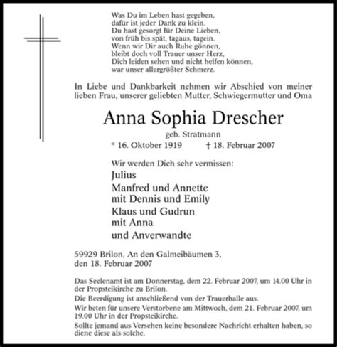 Traueranzeigen Von Anna Sophia Drescher Trauer In Nrw De