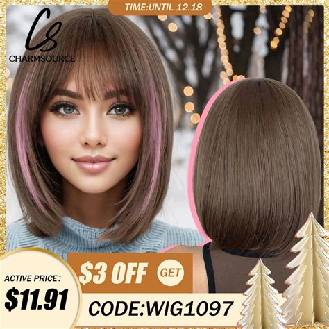 Emmor Short Straight Synthetic Wigs For Women Ombre Brown To Pink Bob Wigs With Bangs Daily