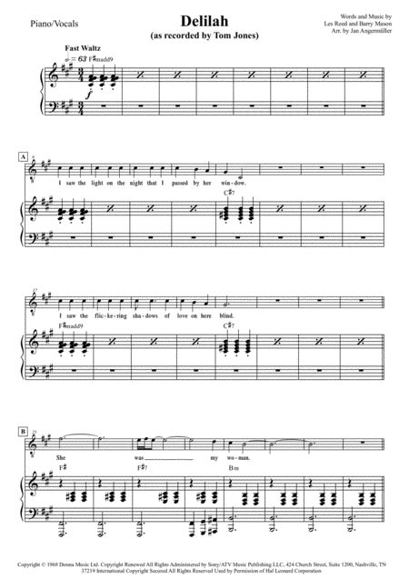 Delilah Arr Jan Angermüller By Tom Jones Sheet Music For Piano And Vocal At Sheet Music Direct