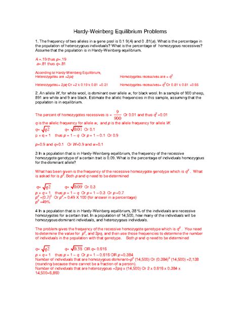 Practice Hardy Weinberg Problems With Answers Hardy Weinberg