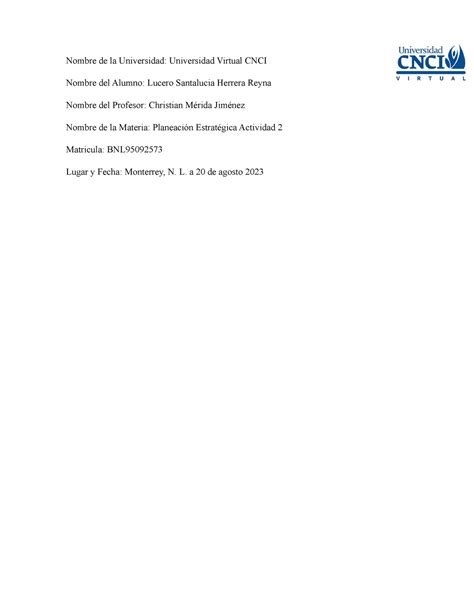 Planeación Estratégica Actividad 2 Nombre De La Universidad
