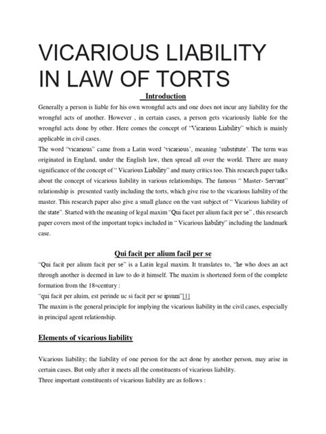 Vicarious Liability In Law Of Torts My Project Pdf Legal Liability