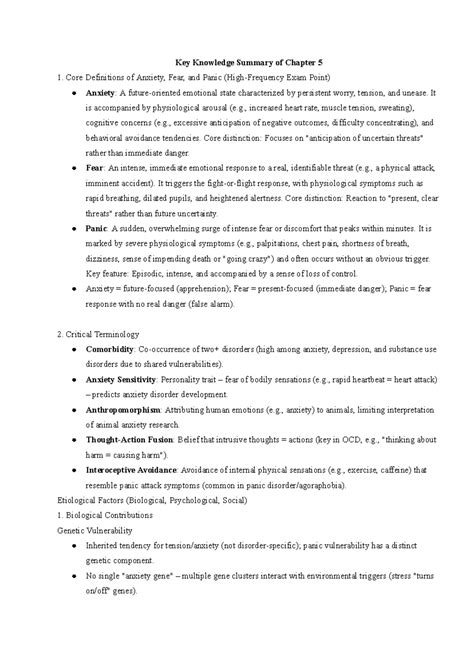 Key Knowledge Summary of Chapter 5: Anxiety, Fear, and Panic (4005