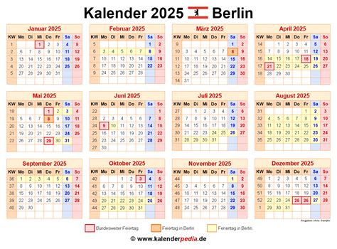 Kalender 2025 Berlin: Ferien, Feiertage, Excel-Vorlagen
