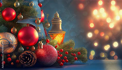 illustration of a decorated christmas tree in front of fairy lights ...