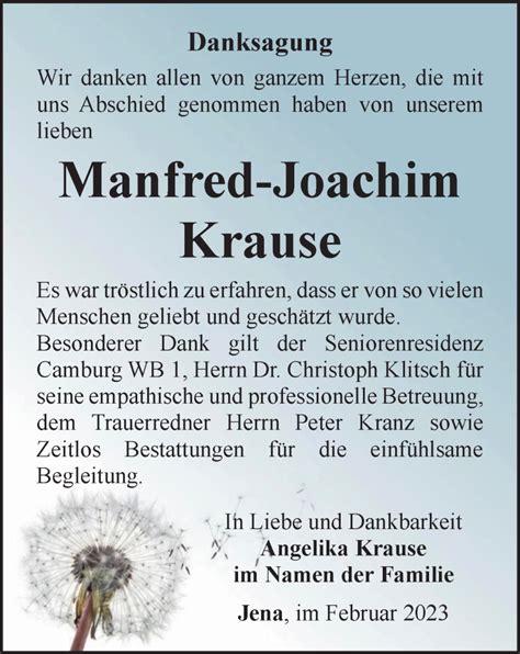 Traueranzeigen Von Manfred Joachim Krause Trauer In Thueringen De