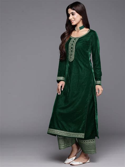 Buy Green Yoke Design Velvet Straight Suit With Dupatta Online At Rs