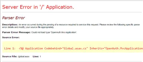 Solved Parser Error Message Could Not Load Type OpenAuth MvcApplication