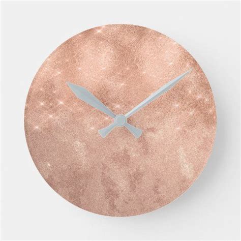 Minimal Vip Sparkly Glitter Rose Gold Blush Copper Round Clock Gold