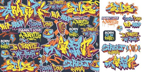 A set of colorful or vibrant graffiti art stickers. Street art theme, urban style for T-shirt ...