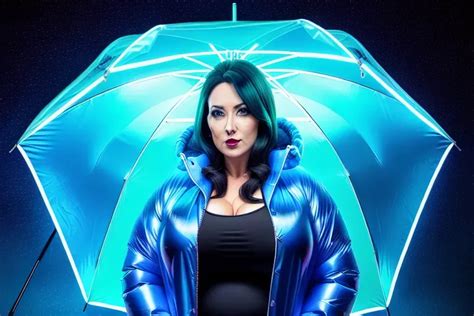 Dopamine Girl Ultrawide Shot Year Old A Milf Thicc Transparent Raincoat Blue Photo