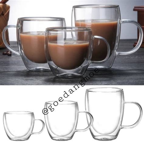 Jual Double Wall Glass 300ml Bergagang Gelas Kaca Insulated Cup 300ml