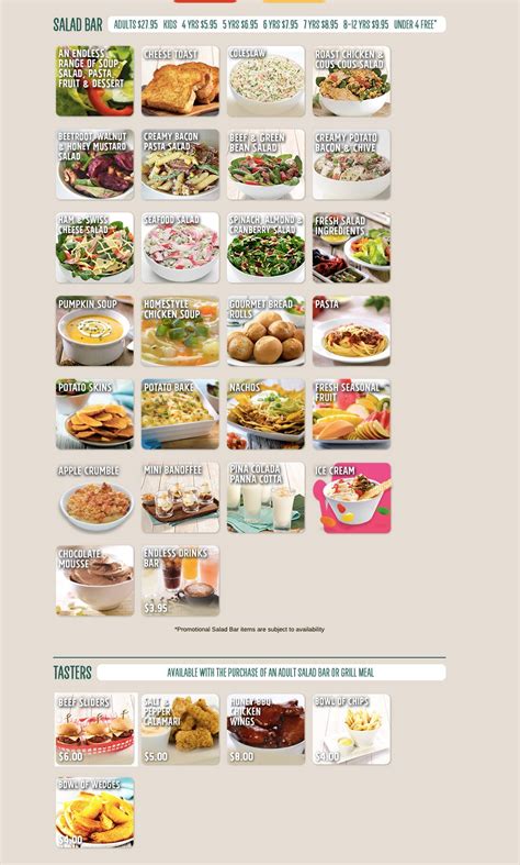 Menu at Sizzler restaurant, Campbelltown