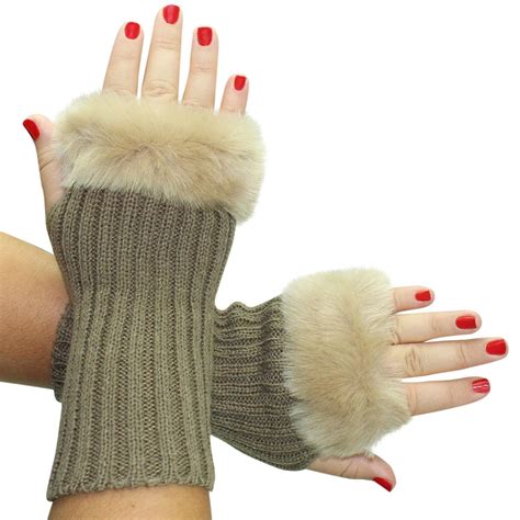 Khaki Knit Arm Warmer Gloves With Fur Trim Arm Warmers Warm Gloves