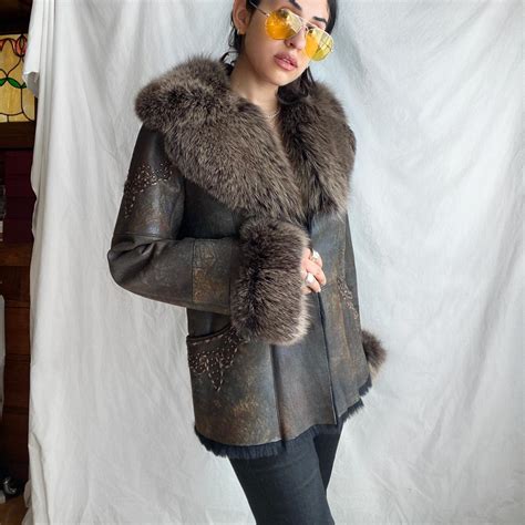 Vintage Leather Fur Coat By Jessica Wilde Sz M Depop