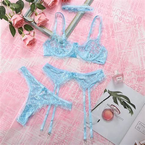 2022 New Fashion Light Blue Bra Underwear Sets Hot Transparent Four Piece Women Very Hot Sexy