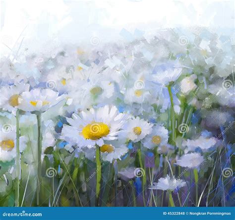 Oil Painting White Daisy Flower in Filed Stock Illustration ...