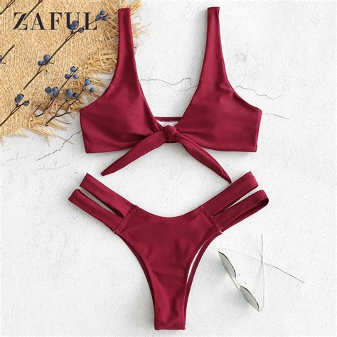 Zaful Tie Front Knot Bikini Set Cutout Plunge Women Swimsuit High Cut