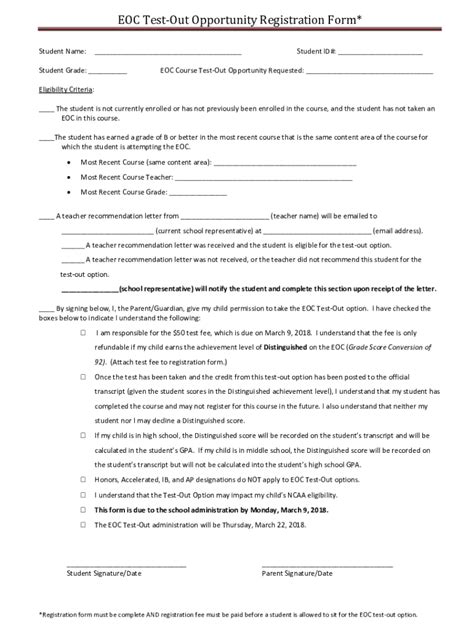 Fillable Online Eoc Test Out Opportunity Registration Form Fax Email