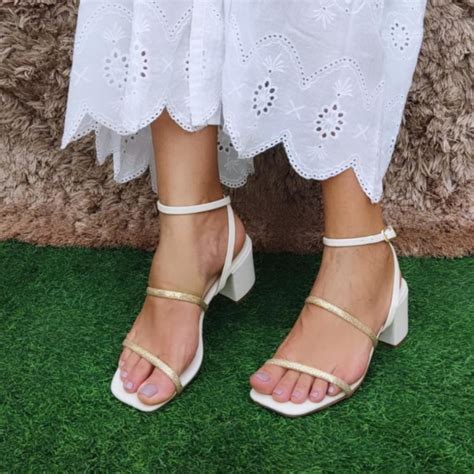 Sand Lias Femininas Salto Bloco Baixo Sand Lia Tiras Brilho Branco Preto Nude Saltinho Bloco