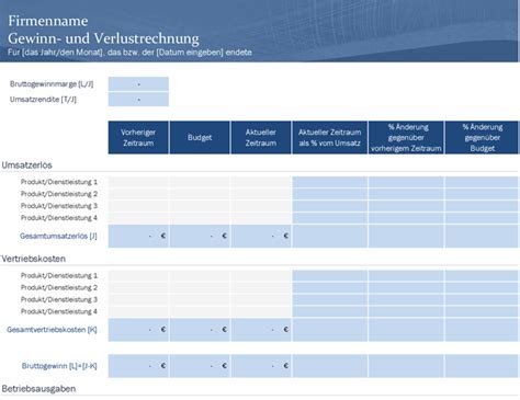 Excel Gewinn Und Verlustrechnung