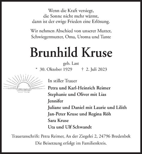 Traueranzeigen Von Brunhild Kruse Trauer Anzeigen De