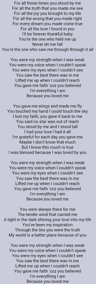 Celine Dion ~ Because You Loved Me Great Song Lyrics Me Too Lyrics