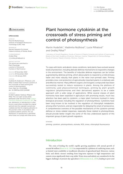 Pdf Plant Hormone Cytokinin At The Crossroads Of Stress Priming And