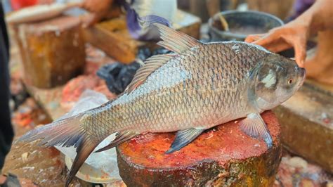 Wow Big Catla Fish Cutting Skills In Village Fish Market Bangladesh