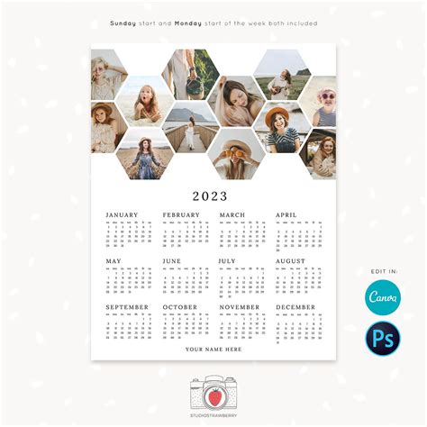 2023 photo calendar template with honeycomb photo collage – Strawberry Kit