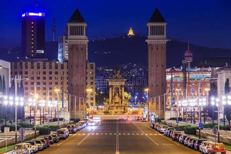 Night View of Plaza De Espana with Venetian Towers Stock Photo - Image ...