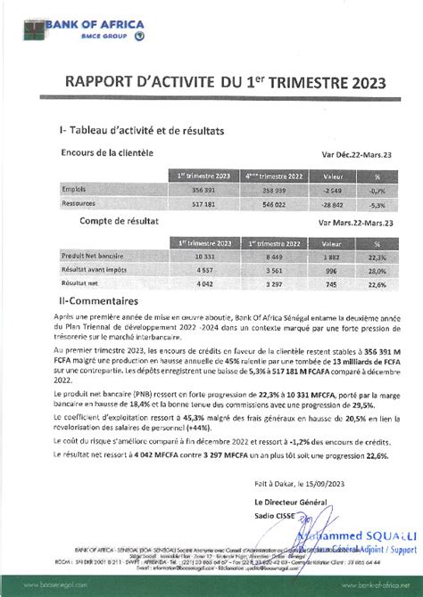 Rapport dactivités du 1er trimestre 2023 BOA SN Abidjan net Documents