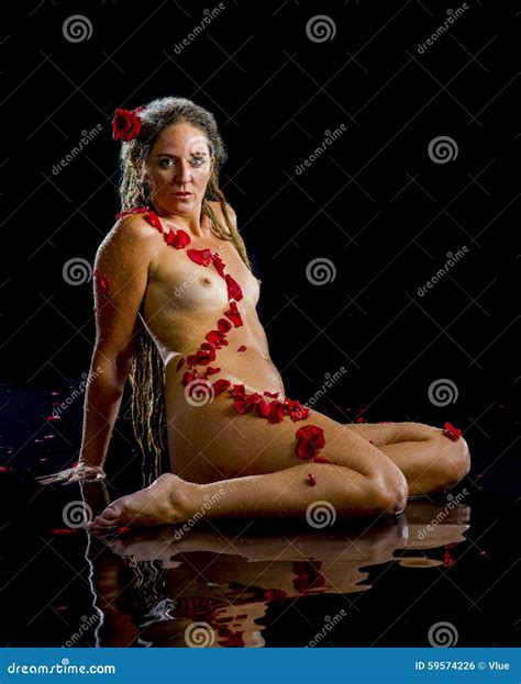 Sensual Nude Woman Adorned With Red Rose Petals Stock Photo Image Of Breasts Nude