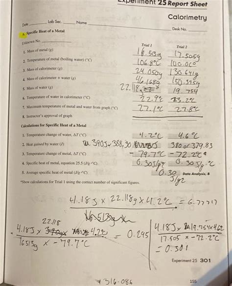 25 Report Sheet Calorimetry Lab Sec Nome Dote Desk No Chegg