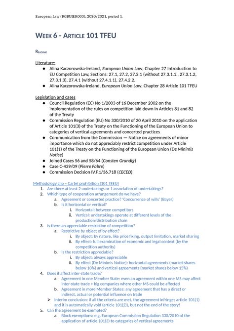 Werkgroep 6 European Law WEEK 6 ARTICLE 101 TFEU READING