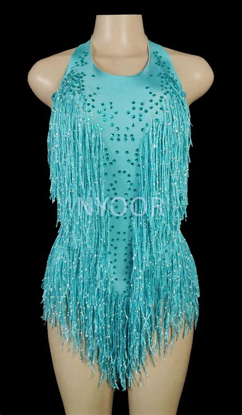 Sparkly Rhinestones Fringes Bodysuit Women Nightclub Outfit Glisten D