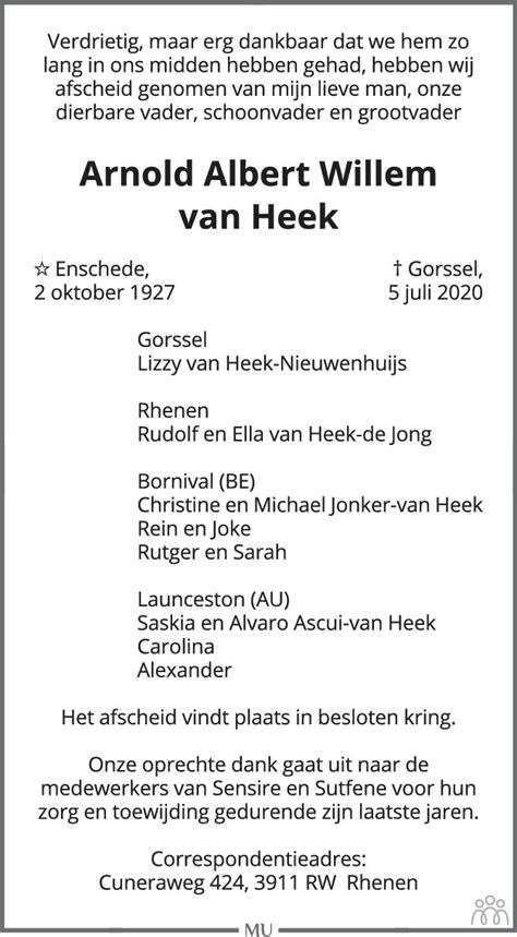 Arnold Albert Willem Van Heek 05 07 2020 Overlijdensbericht En