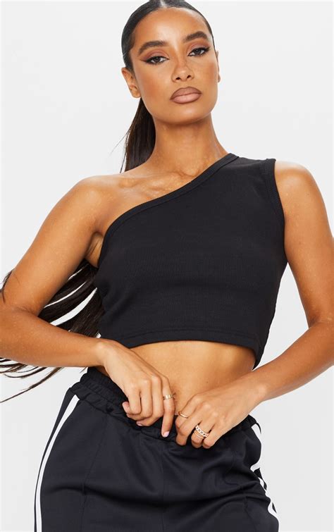 Black Rib One Shoulder Crop Top Prettylittlething Ca