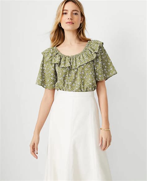 Floral Ruffle Neck Flutter Sleeve Top